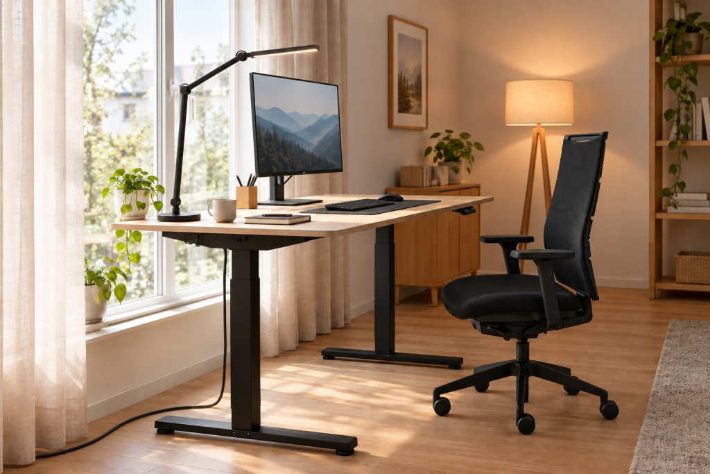 Arbeitszimmer mit viel Tageslicht, Schreibtischleuchte und warmer Stehlampe im Hintergrund