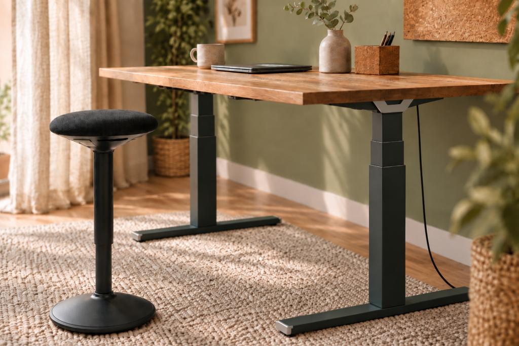 Arbeitszimmer mit grüner Wand, Holzschreibtisch, strukturiertem Teppich und natürlichen Wohnaccessoires