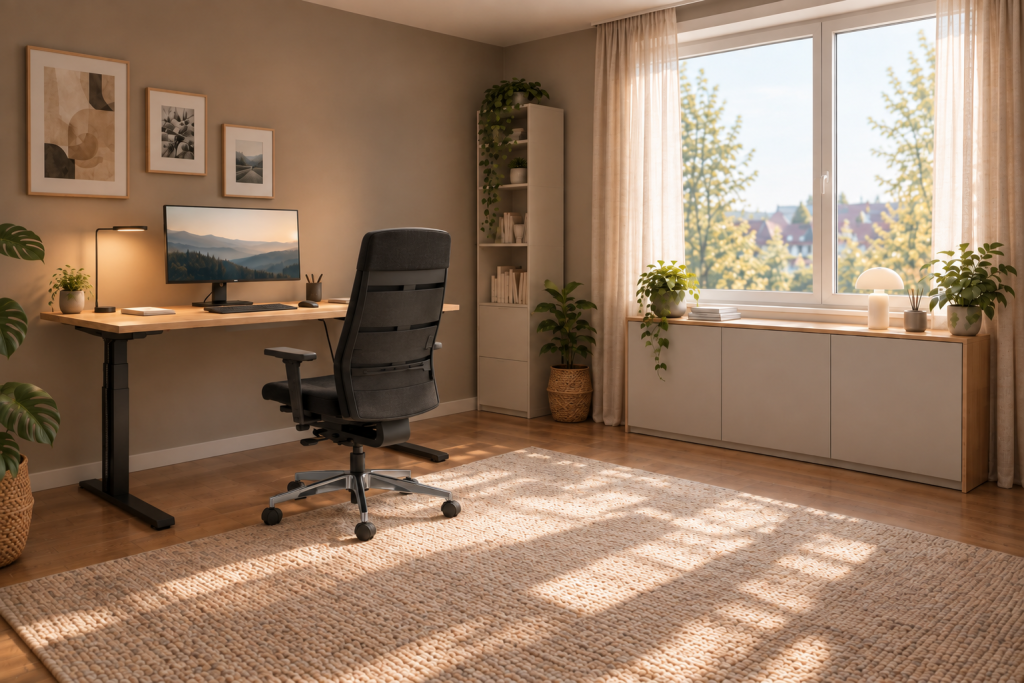 Aufgeräumtes Arbeitszimmer mit freier Schreibtischfläche, geschlossenem Sideboard und ergonomischem Bürostuhl